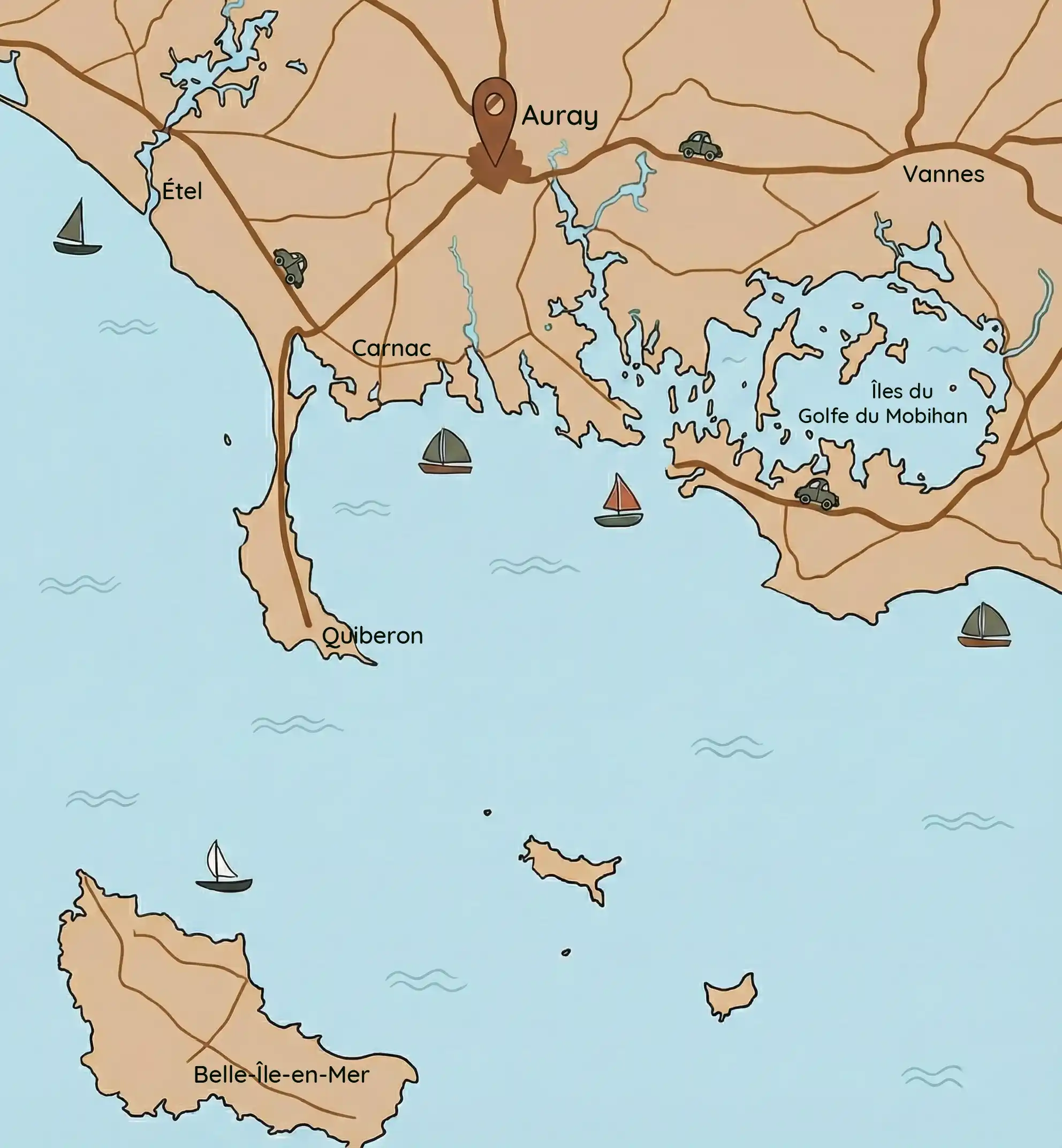 Carte routière dessinée à la main du sud du Morbihan pointant Nid serein, gîte à Auray