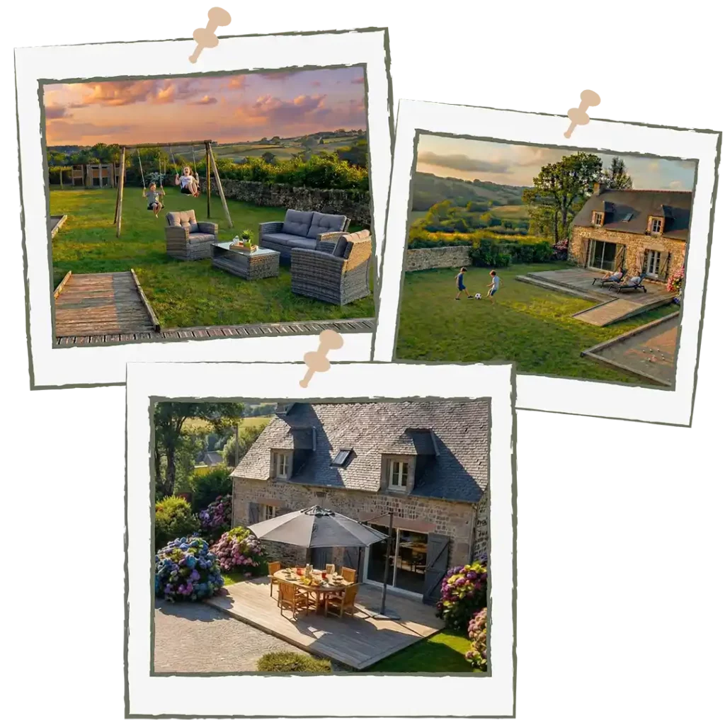 Jardin avec balançoire et terrasse aménagée, gîte Nid serein à Auray dans le Morbihan