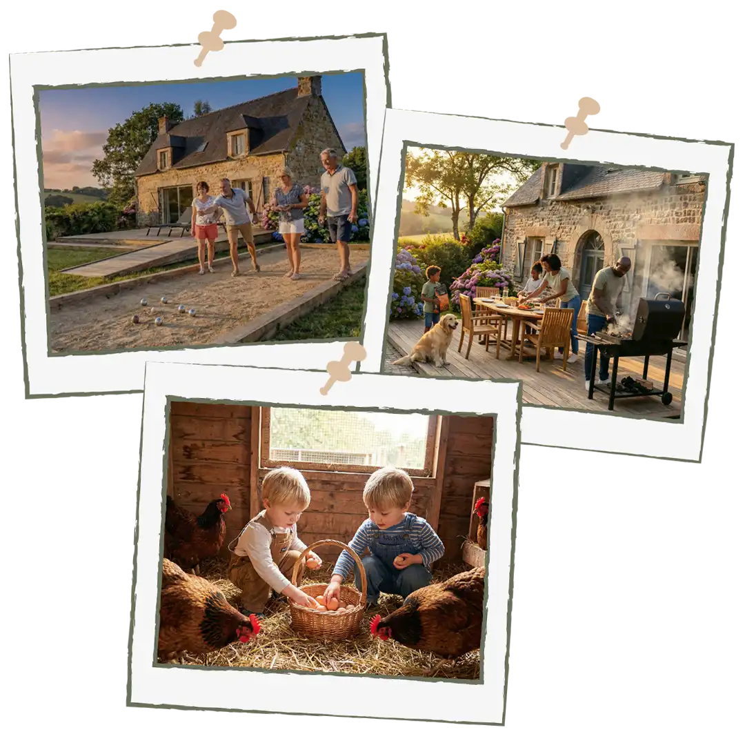 Espace pétanque et barbecue avec poules, gîte Nid serein à Auray dans le Morbihan