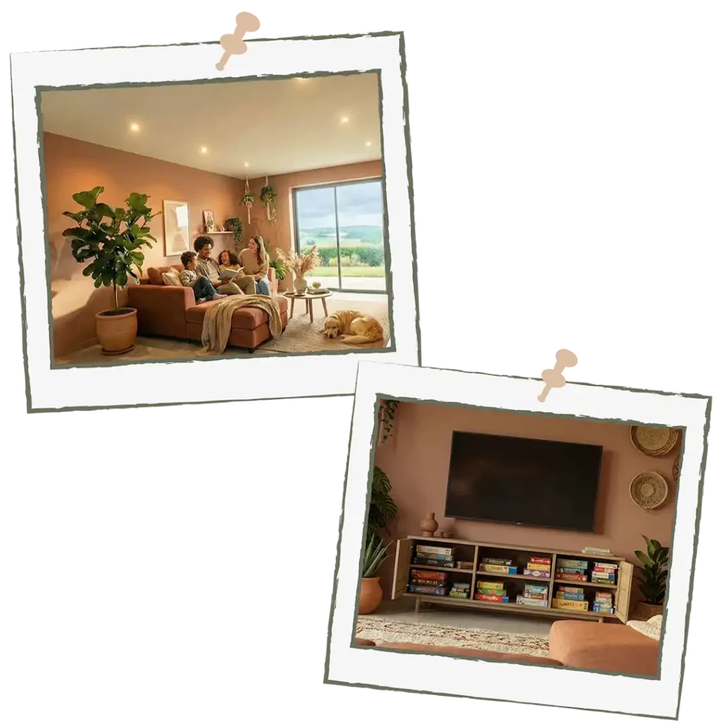 Salon familial avec canapé, TV et jeux, gîte Nid serein à Auray dans le Morbihan